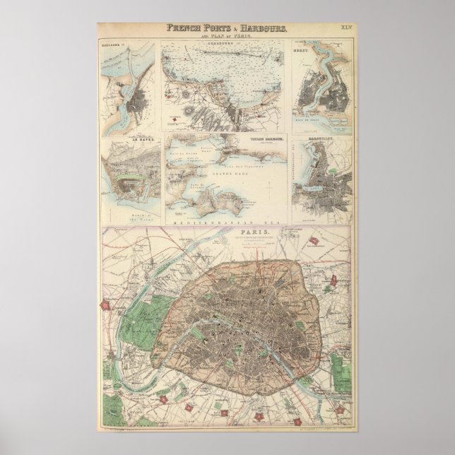 Französische Häfen und Plan von Paris Poster (Vorne)