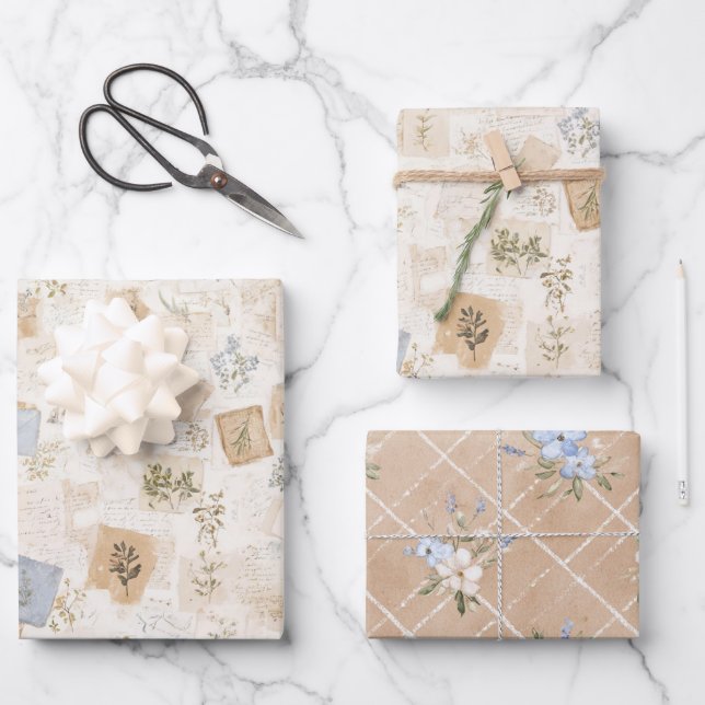 Französische hellblaue Umschlag-Herz-Blumen-Braut- Geschenkpapier Set (Vorderseite)
