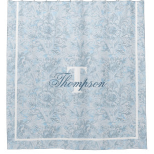 Französische Hütte Dusty Blue Floral Monogram Duschvorhang