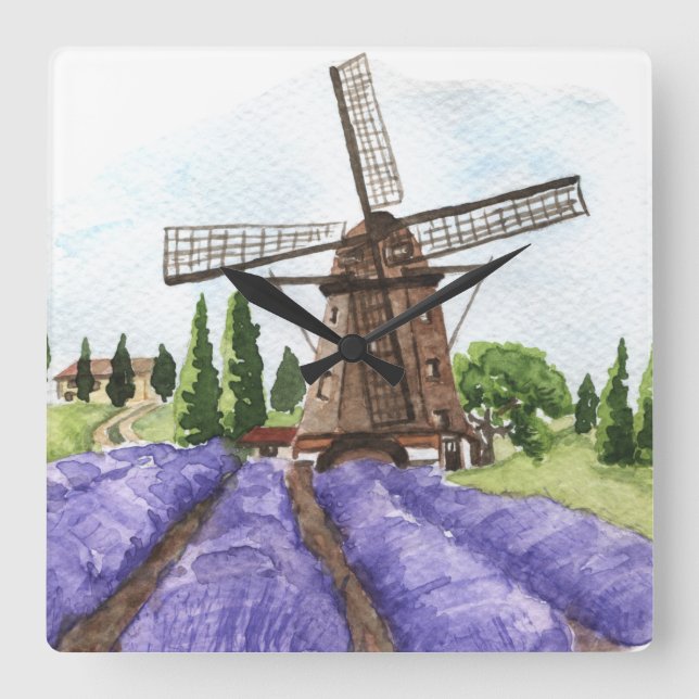 Französische Landdekoration Windmill & Lavender Fi Quadratische Wanduhr (Vorderseite)
