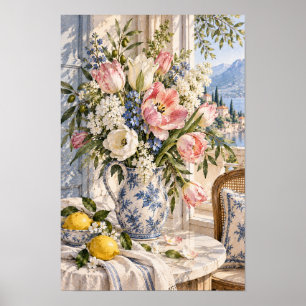 Französische Landhaus-Rosa-Tulpen-Zitronen-See-Wan Poster