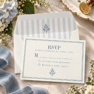 Französische Landhochzeit Dusty Blue Stripe RSVP Karte