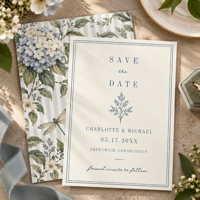 Französische Landhochzeit Hydrangea Libelle Save The Date (Elegant blue stripe wedding card framed by watercolor hydrangeas, a dragonfly, and leaf crest.)