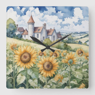 Französische Landschaft mit Sonnenblumen Quadratische Wanduhr
