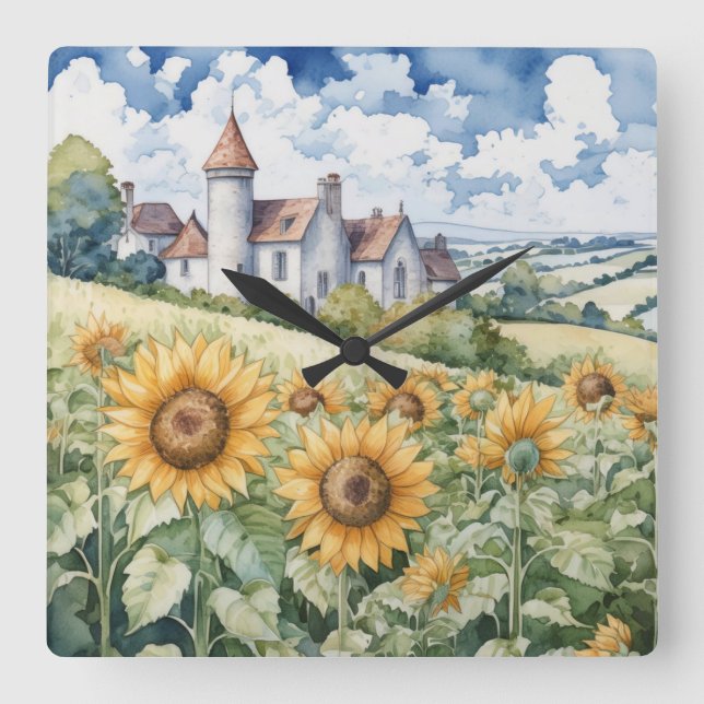 Französische Landschaft mit Sonnenblumen Quadratische Wanduhr (Vorderseite)