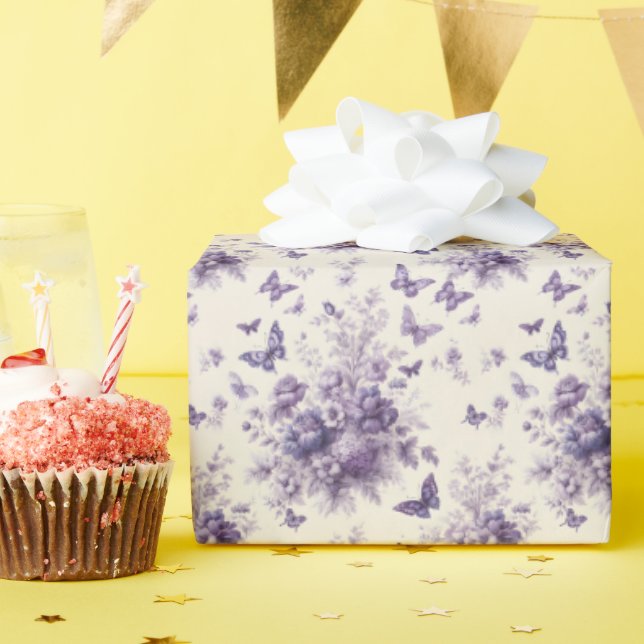Französische Landtoilfleurie Lila Schmetterlinge Geschenkpapier (Geburtstagsparty)