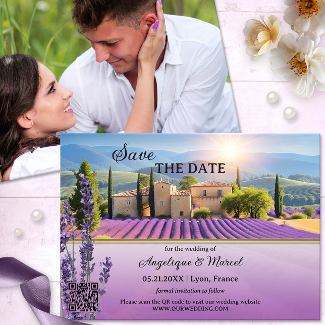 Französische Lavendel Land QR Save the Date Karte (Romantic Wedding Save the Date Card featuring a painting of lavender farm at sunset and your photo)