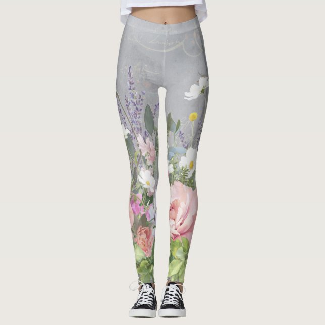Französische Lavendel-Pink-Blume Leggings (Vorderseite)