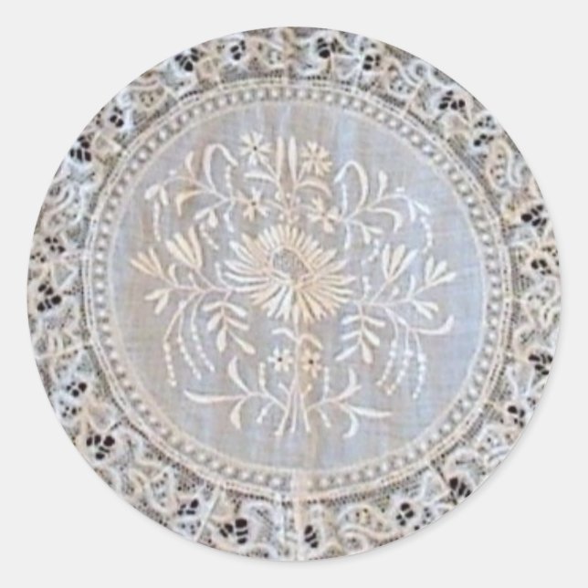 Französische Normandie Lace Whitework Round Runder Aufkleber (Vorderseite)