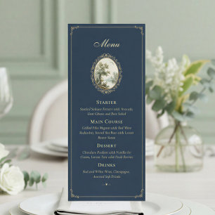 Französische pastorale Navy-Blau- und Gold-Hochzei Menükarte