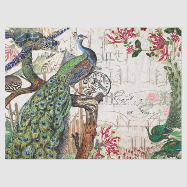 Französische Pfau-Vogel-Schildkröteblowfish-Blumen Seidenpapier (Vorderseite)