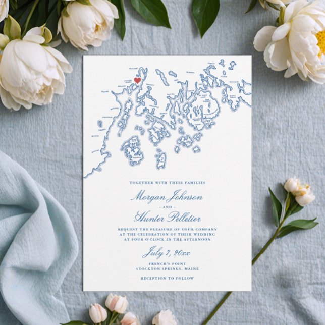 Französische Point Maine Karte Elegante Hochzeit (French's Point Maine Wedding Invitation with Stockton Springs map in elegant navy blue )