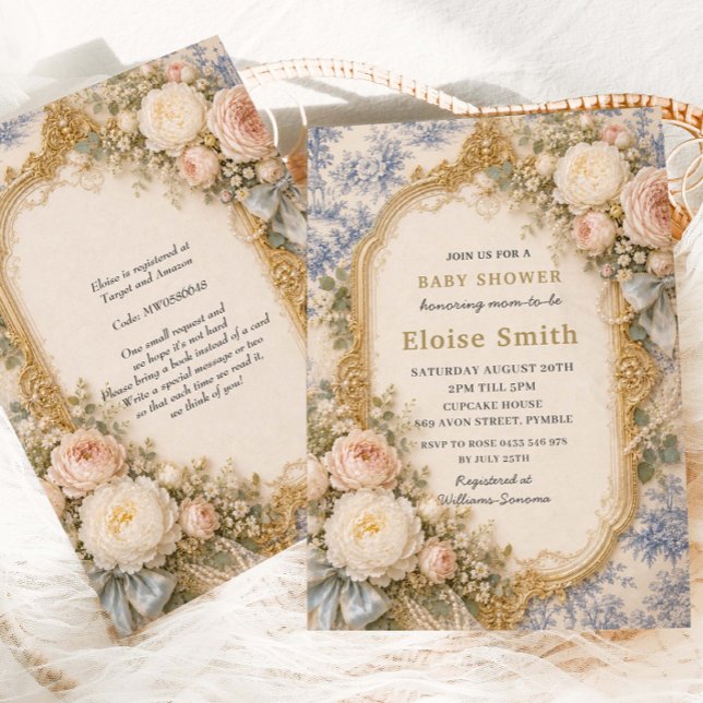 Französische Regency-Blau-Toile-Blumen-Schleifen-B Einladung (Von Creator hochgeladen)
