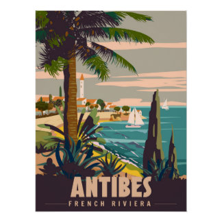 Französische Riviera Antibes Retroplakat. Tropisch Poster