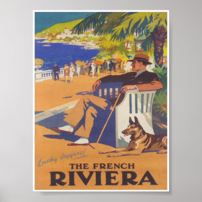 Französische Riviera Dapper Mann mit Hunde-Vintage Poster (Vorne)