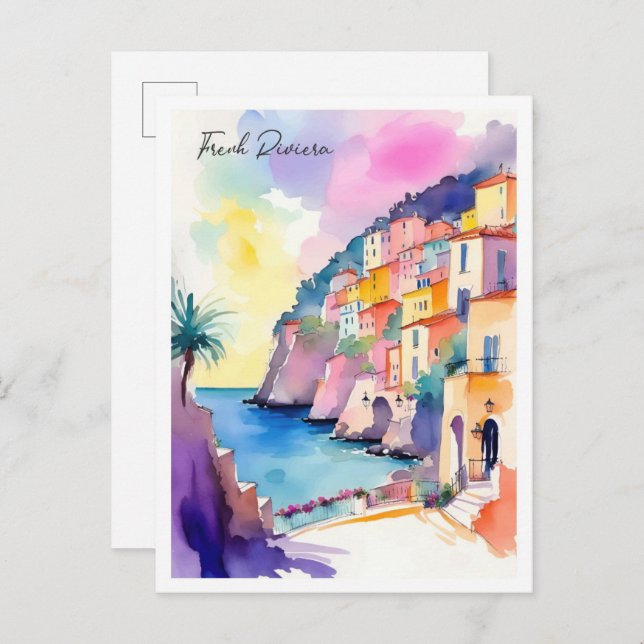 Französische Riviera Frankreich Aquarellbilder Postkarte (Vorne/Hinten)