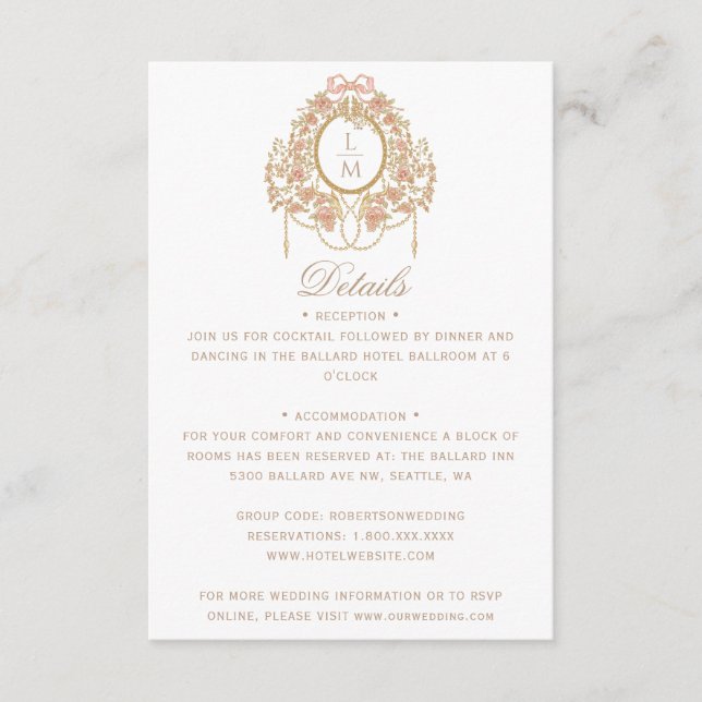 Französische Rococo-Rosen-Monogramm-Hochzeit Begleitkarte (Vorderseite)