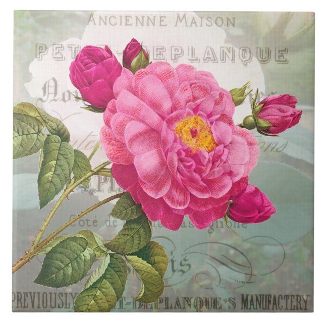 Französische Rosa Blume Keramik Tile Fliese (Vorderseite)