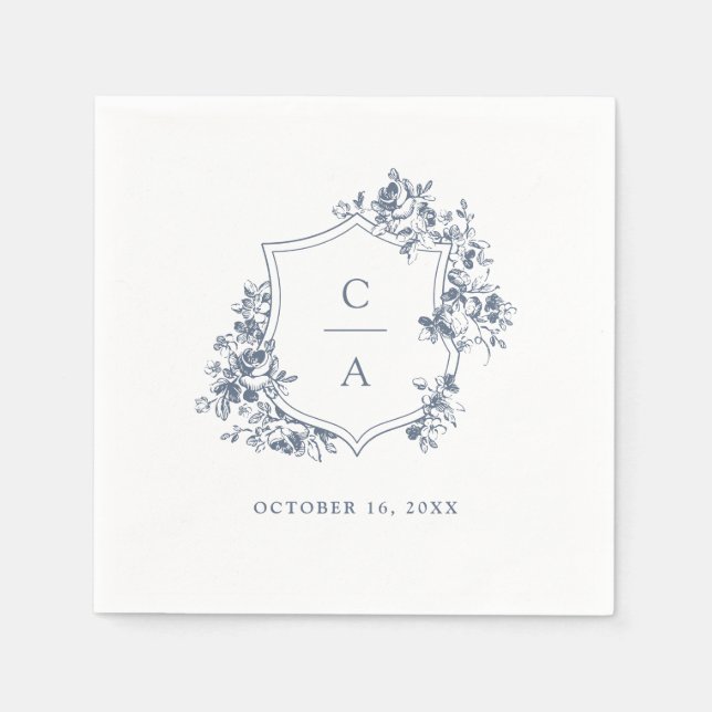 Französische Rose Hochzeit Wappen Dusty Blue Serviette (Vorderseite)