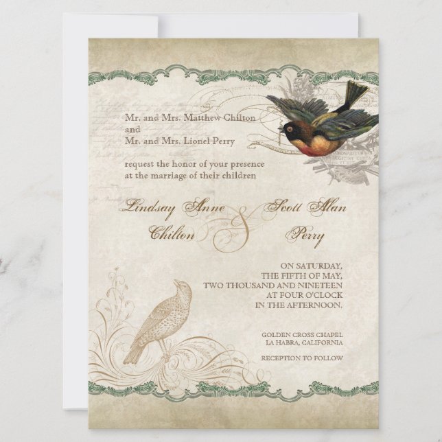 Französische Rose Liebe Vögel Vintage Spitze - Aqu Einladung (Vorderseite)