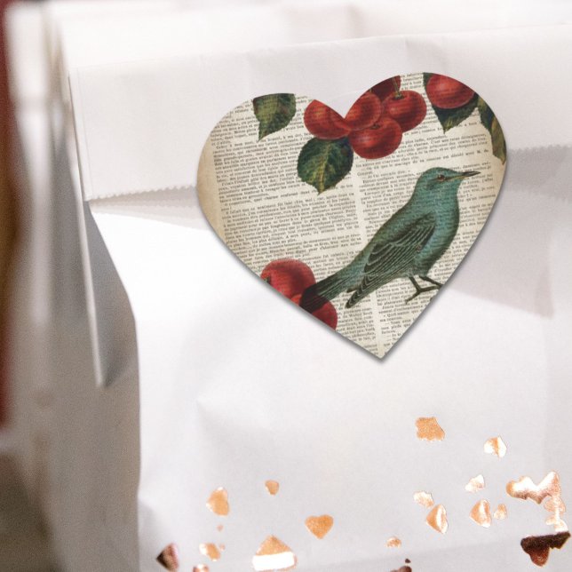 Französische Rotharbe Retro-Botanische Rote Kirsch Herz-Aufkleber (french country bird retro botanical red cherry heart sticker)