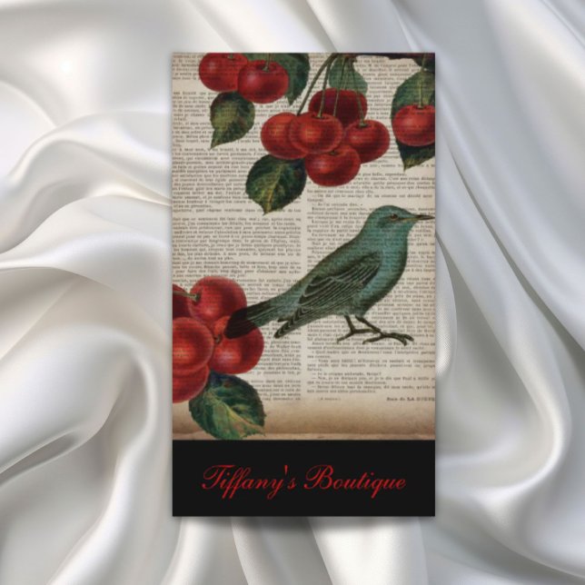 Französische Rotharbe Retro-Botanische Rote Kirsch Visitenkarte (french country bird retro botanical red cherry business card)