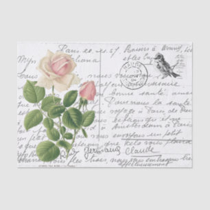Französische Schrift Vintage Pink Teerose Vogel Po Seidenpapier