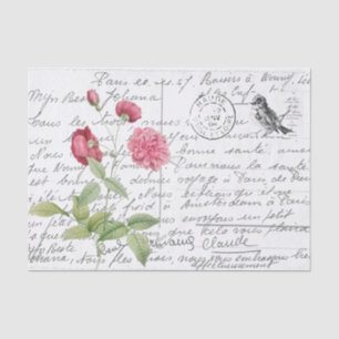 Französische Schrift Vintage rosa Rosen Vogel Post Seidenpapier