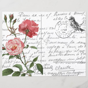 Französische Schrift Vintage Rose Vogel Postkarte