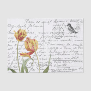 Französische Schrift Vintage-Tulpe-Vogel-Postkarte Seidenpapier