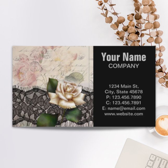 Französische Schriften Vintag Spitze viktorianisch Visitenkarte (french scripts vintage lace victorian white rose business card)