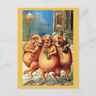 Französische Schweine feiern das neue Jahr Vintag Feiertagspostkarte