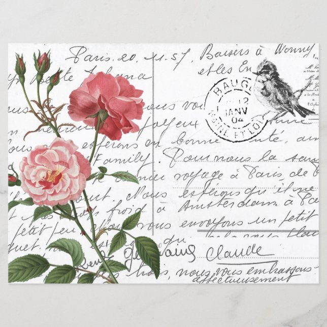 Französische Script Vintage Rose Bird Postcard (Vorderseite)