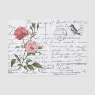 Französische Script Vintage Rose Bird Postcard Seidenpapier