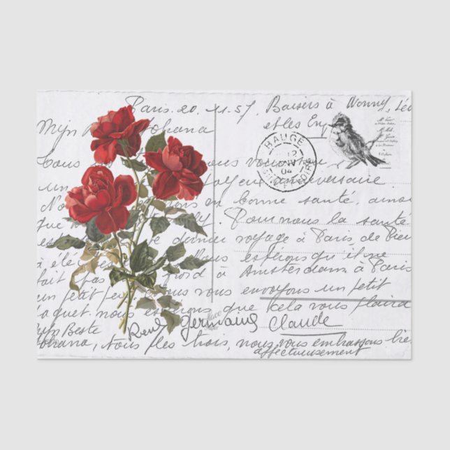 Französische Script Vintage Rote Rose Bird Postcar Seidenpapier (Vorderseite)