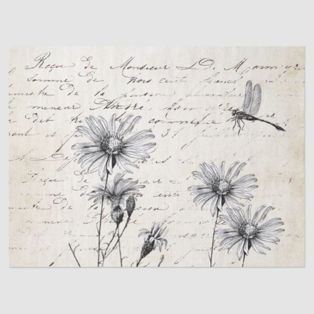 Französische Script-Wildblume Dragonfly Decoupage Seidenpapier (Vorderseite)