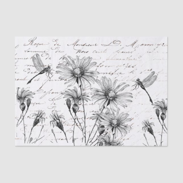 Französische Script-Wildblume Dragonfly Decoupage  Seidenpapier (Vorderseite)