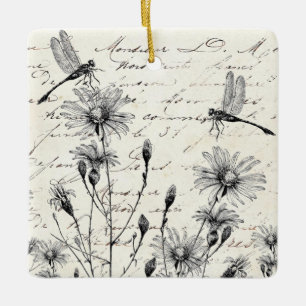 Französische Script-Wildblume Dragonfly Weihnachts Keramikornament