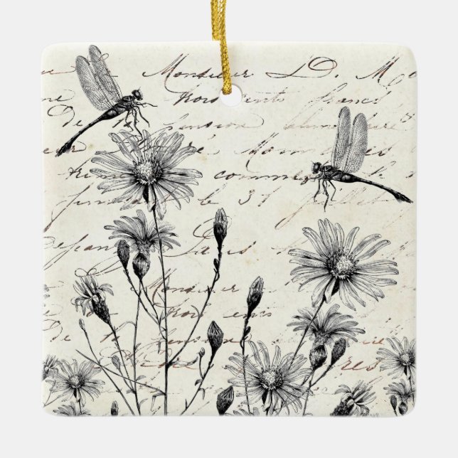 Französische Script-Wildblume Dragonfly Weihnachts Keramikornament (Vorderseite)