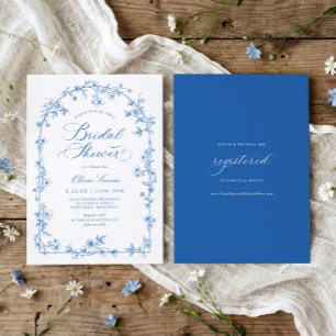 Französische Toile Blau-weiße Blumen-Brautparty Einladung