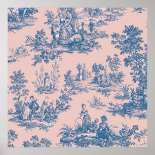 Französische Toile de Jouy blau und rosa elegant Poster