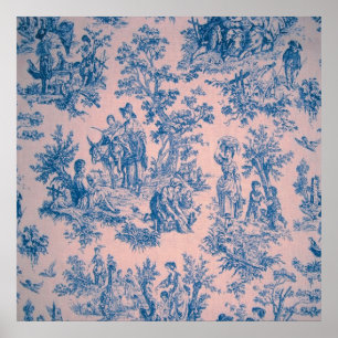 Französische Toile de Jouy blau und rosa elegant Poster