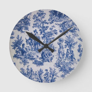 Französische Toile de Jouy blau-weiß elegant Runde Wanduhr