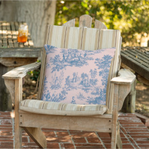 Französische Toile de jouy rosa und blauer elegant Kissen