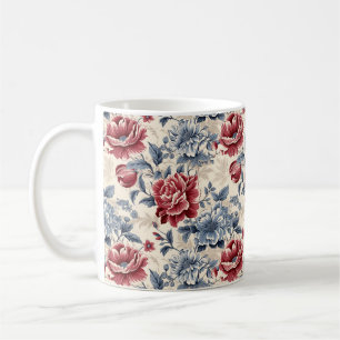 Französische Toile & Toile de Jouy blaue und rote Kaffeetasse