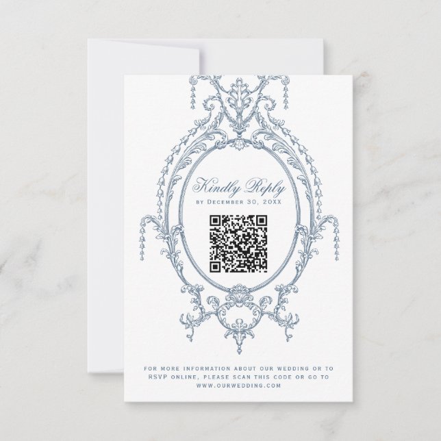 Französische Verzierte Barockkarte QR Code RSVP Ka (Vorderseite)