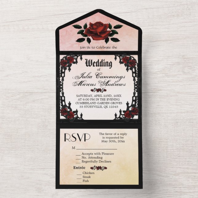 Französische Viertel Goth Elegante Creamy Peach All In One Einladung (Innen Boden)