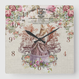 Französische Vintage-Dame mit Rosen Quadratische Wanduhr