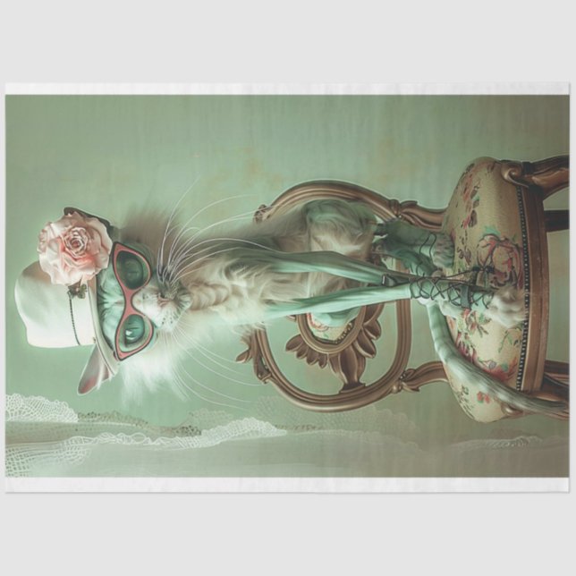 Französische Vintage Elegantsage Cat Decoupage Seidenpapier (Vorderseite)