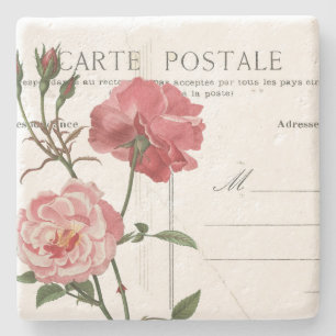 Französische Vintage-Postkarte mit rosa Rose Steinuntersetzer